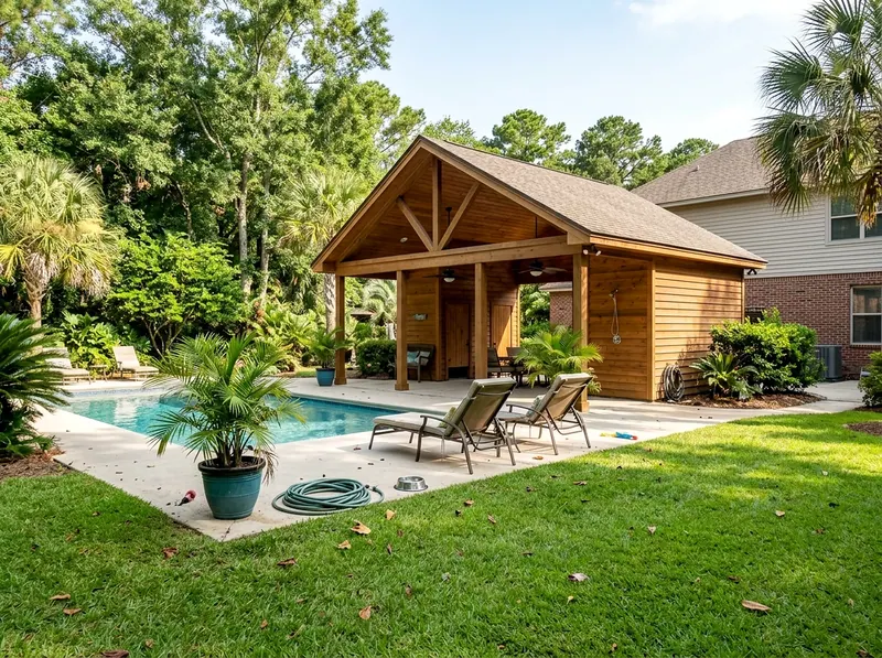 Large yard Natural cedar Open Tropical pool house