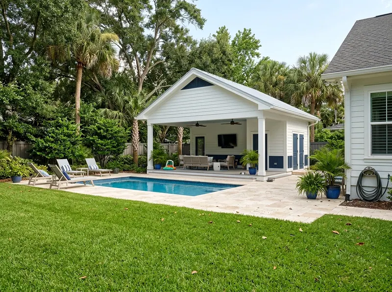 Smaller yard Limestone Open Coastal pool house