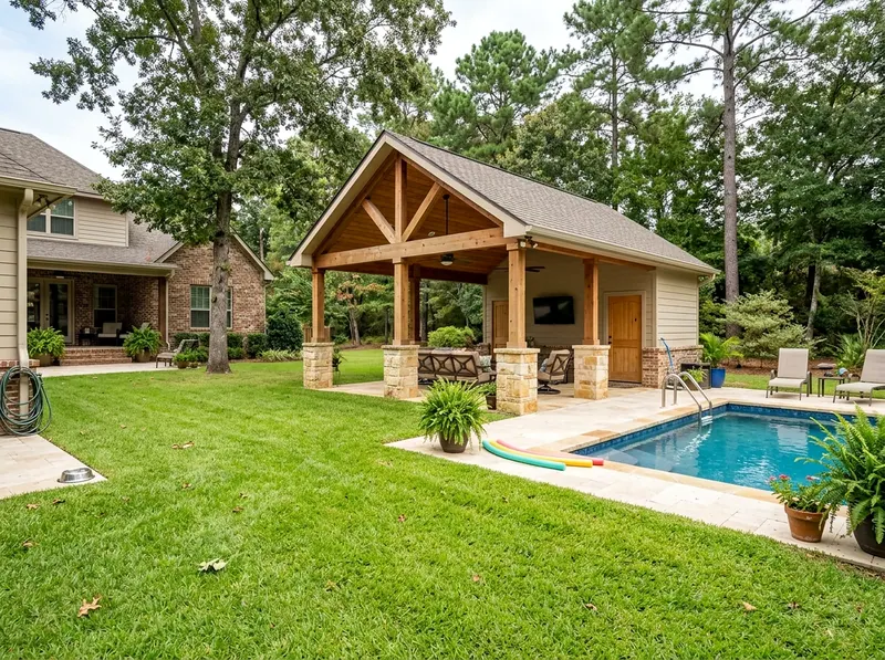 Smaller yard Limestone Open Craftsman pool house
