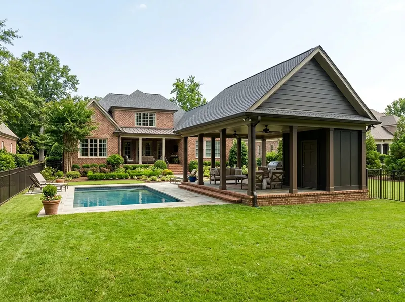 Smaller yard Charcoal Open Traditional pool house