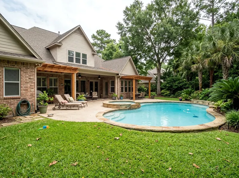 Large yard Natural cedar Standard finish Tropical shotcrete pool