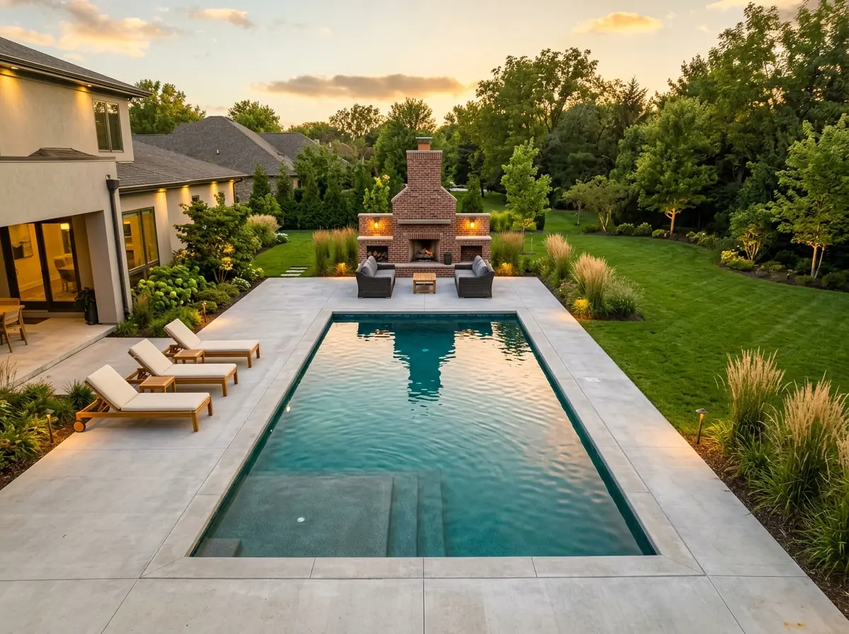 Pool with tanning ledge and fireplace